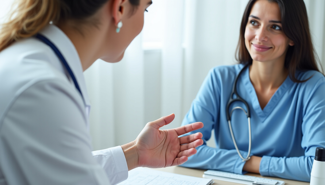 Consultation médicale où un médecin explique le protocole de mésothérapie à un patient assis