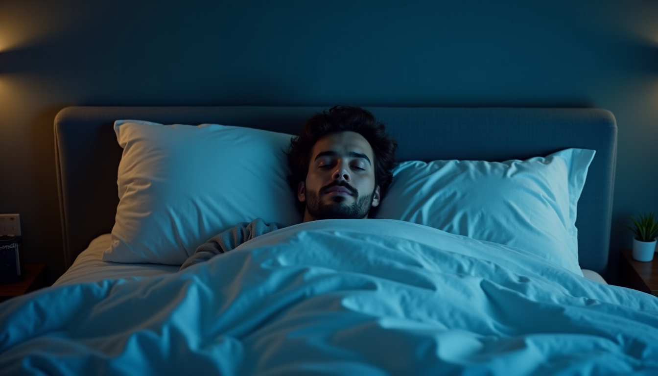 Homme ronflant dans son lit pendant la nuit, montrant la gêne causée par les ronflements