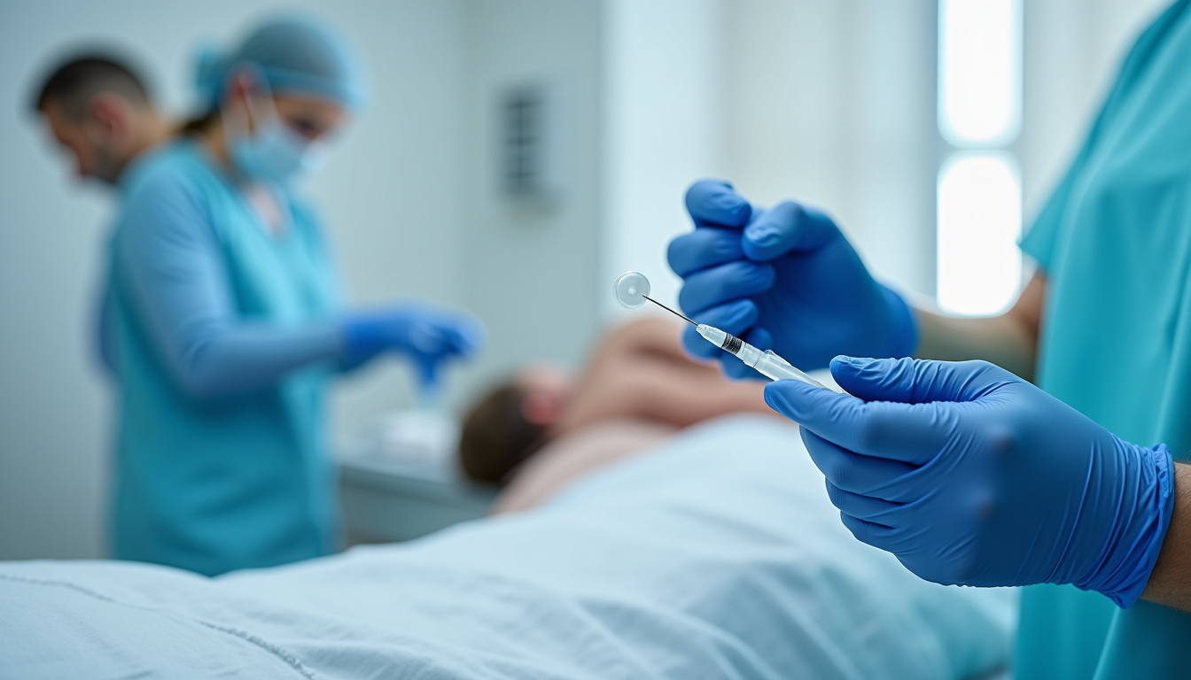 Photo d’un médecin en cabinet médical pratiquant une injection de mésothérapie avec des instruments stériles