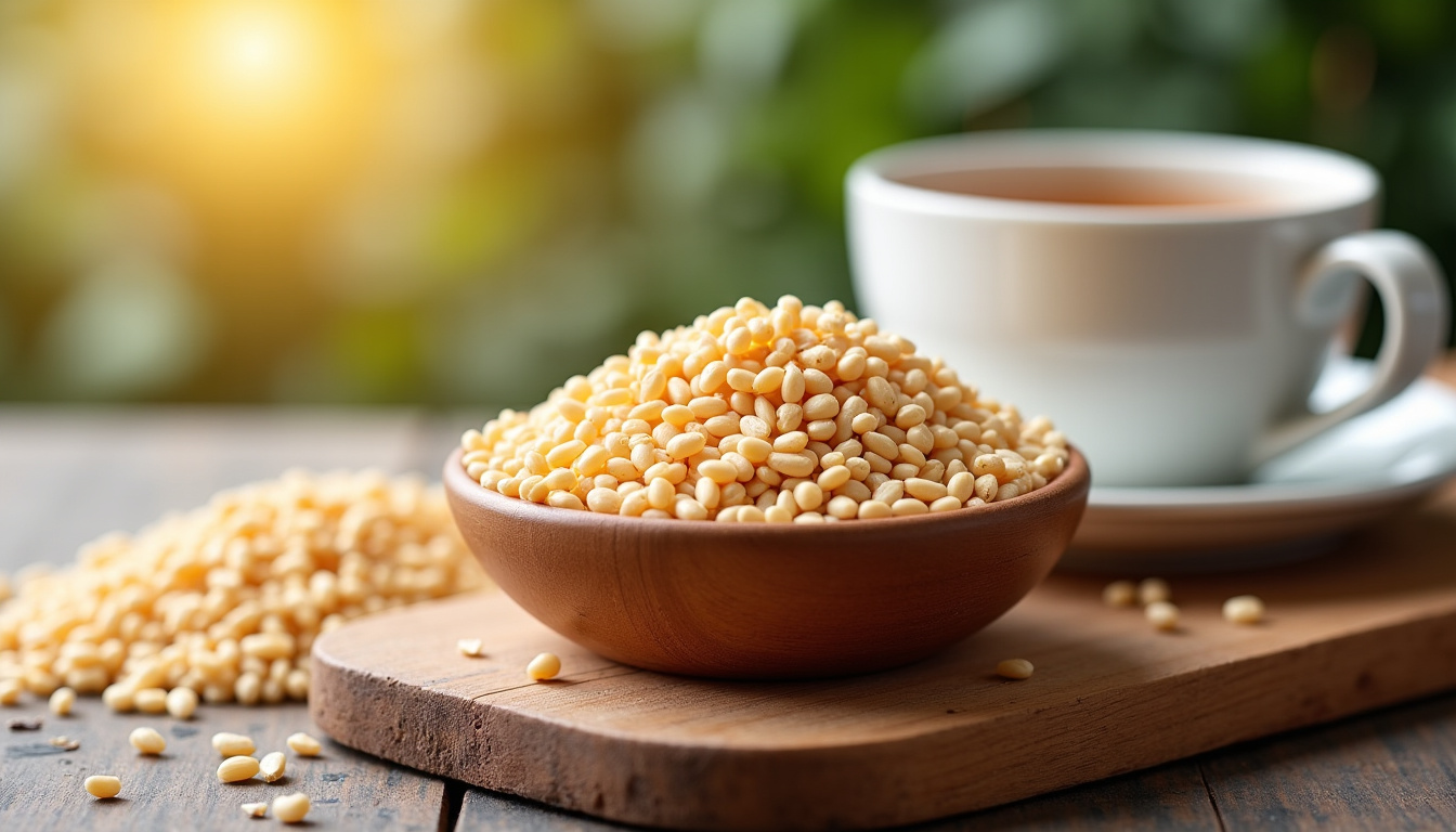 Bol de graines de lin et de soja en grains, posés sur une planche en bois, avec une tasse de thé fumante à côté