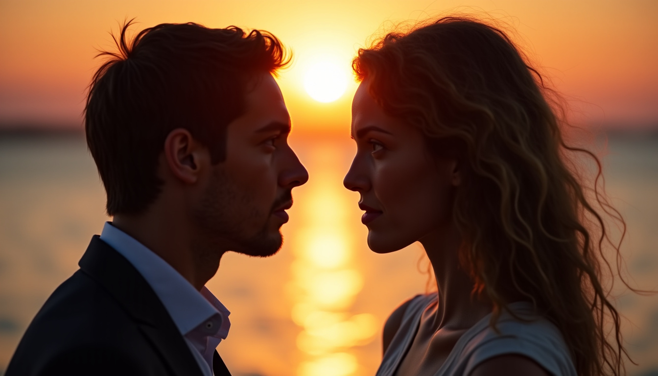 Deux silhouettes se faisant face, symbolisant une connexion profonde comme celle des flammes jumelles à l