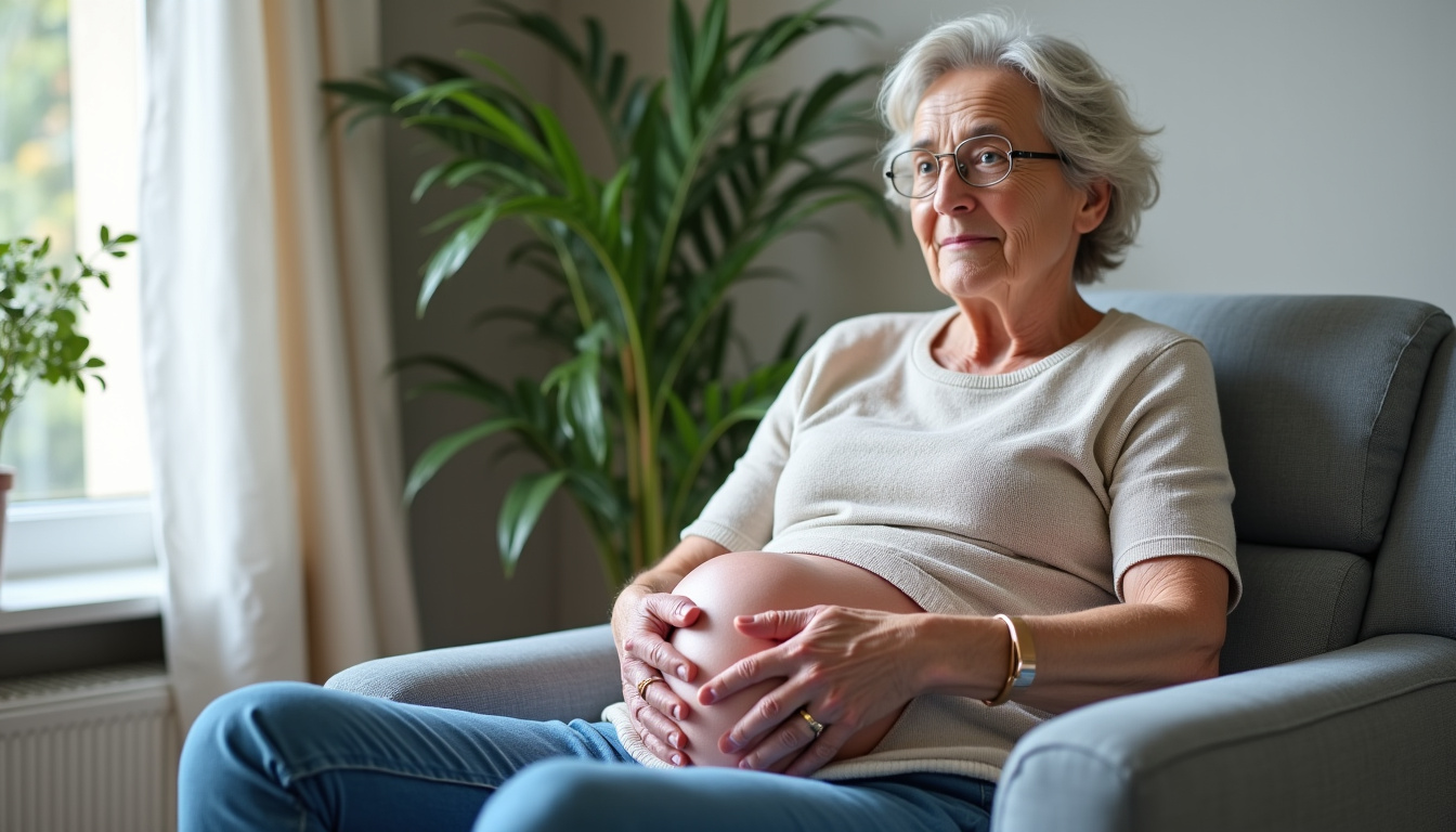 Femme âgée de 62 ans en train de faire des exercices de Kegel assise sur une chaise, les mains posées sur les cuisses, posture calme et détendue