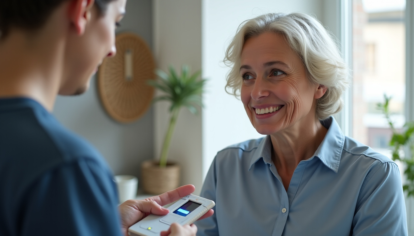 Kinésithérapeute en train de montrer à une patiente de 68 ans comment contracter correctement les muscles du plancher pelvien avec un biofeedback électronique
