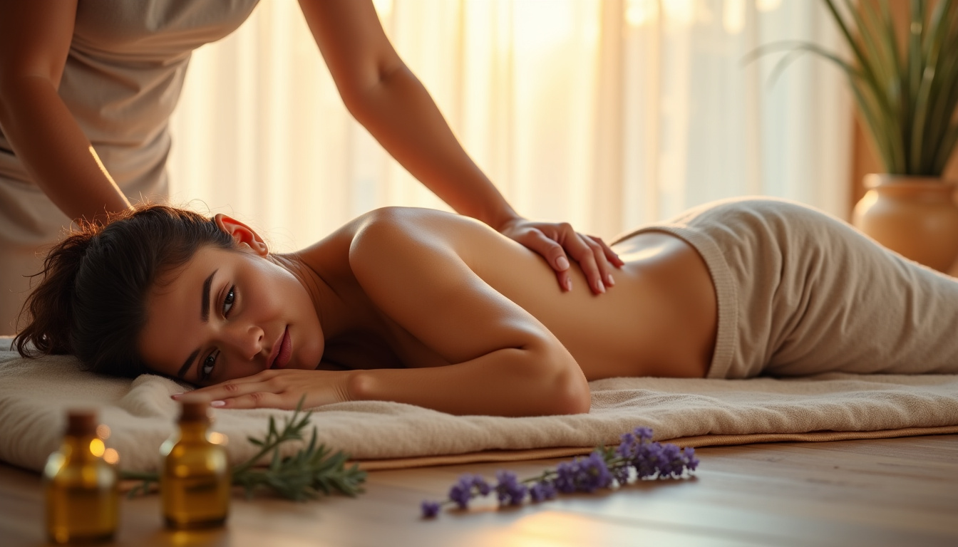 Massage doux de la cuisse et du bas du dos avec une huile végétale mélangée à des huiles essentielles pour soulager la cruralgie