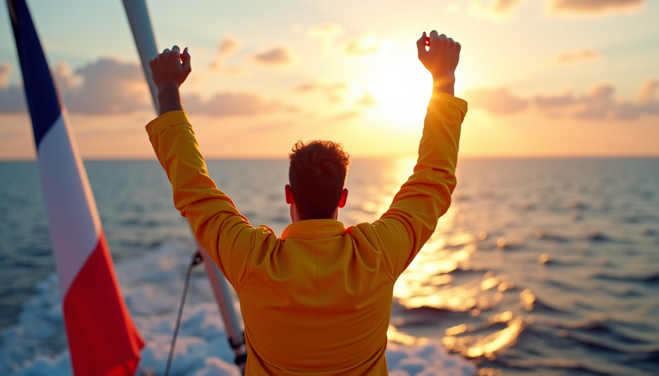 Charlie Dalin célébrant sa victoire au Vendée Globe 2025 après avoir franchi la ligne d