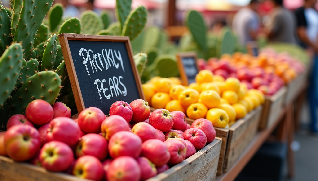 Figue de Barbarie vendue sur un marché en plein air, avec étalage coloré et étiquette en anglais