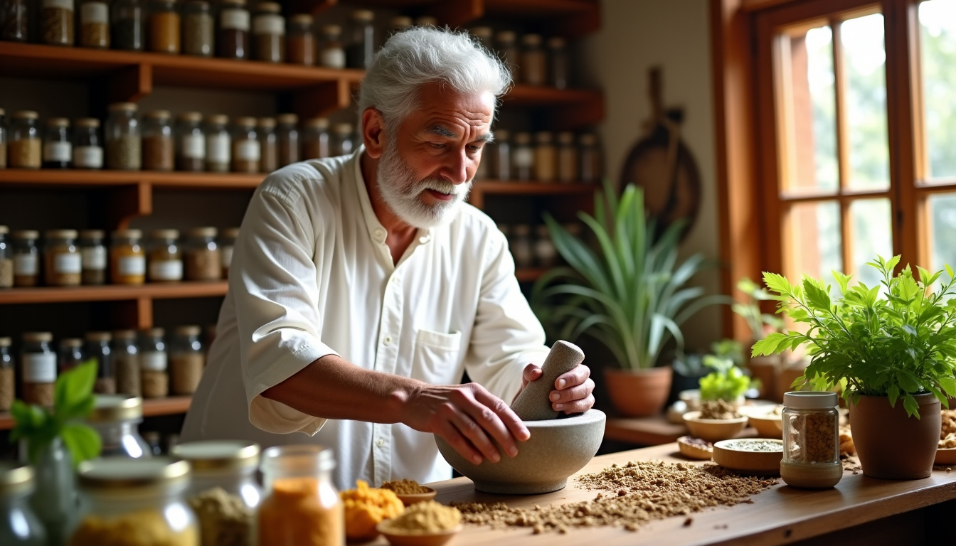 Herboriste préparant des mélanges de plantes médicinales à T Nagar