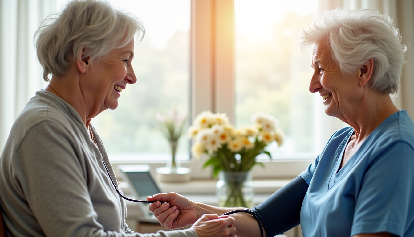 Infirmière en train de prodiguer des soins à un résident dans sa chambre à l