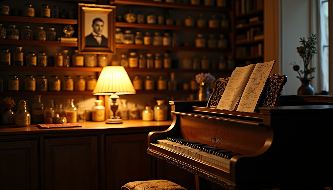 Intérieur de la Farmacia Arbusto, montrant l’étage supérieur avec un piano, un portrait familial et des étagères décoratives