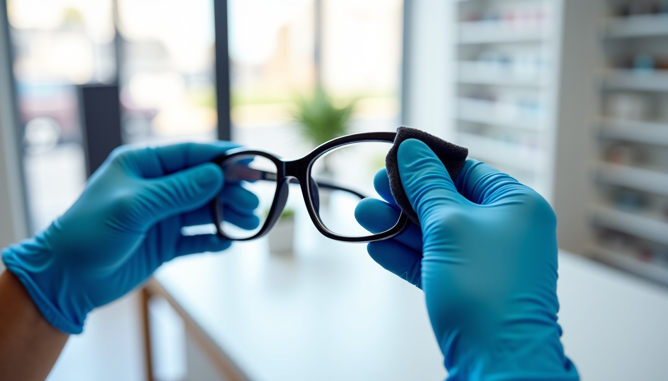 Nettoyage de lunettes avec un chiffon microfibre dans un opticien à Aulnay-sous-Bois