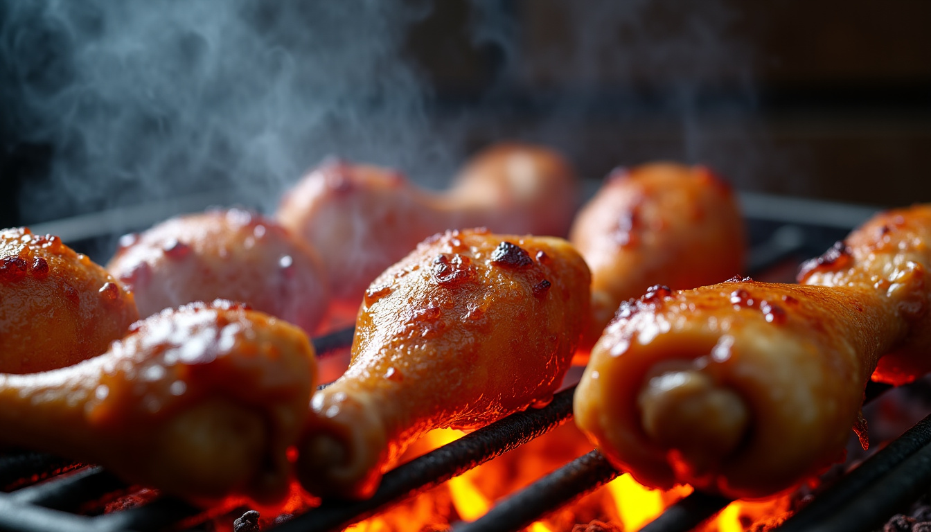 Pilons de poulet en train de cuire sur un grill, montrant la texture croustillante de la peau et la fumée qui s