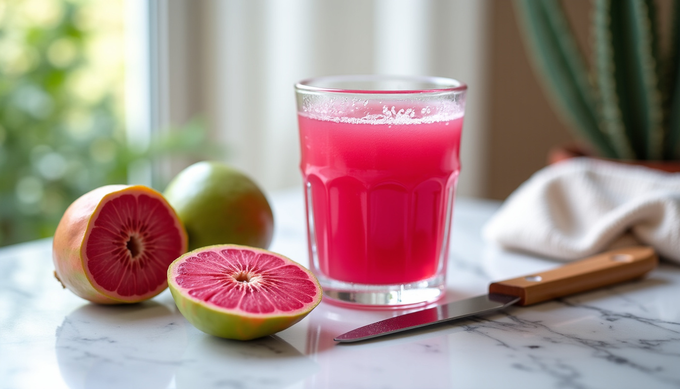 Recette de jus de figue de Barbarie en anglais sur un plan de travail, avec fruits frais et verre de jus