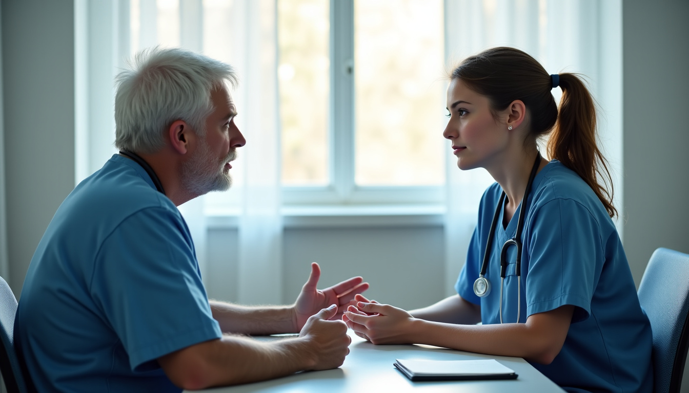 Réunion de formation entre un médecin senior et un interne dans les locaux du CHU de Caen