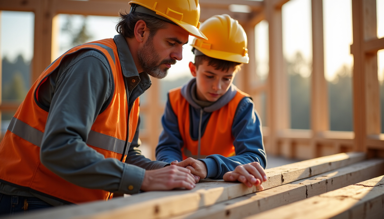 Artisan expérimenté transmettant son savoir-faire à un jeune apprenti sur un chantier