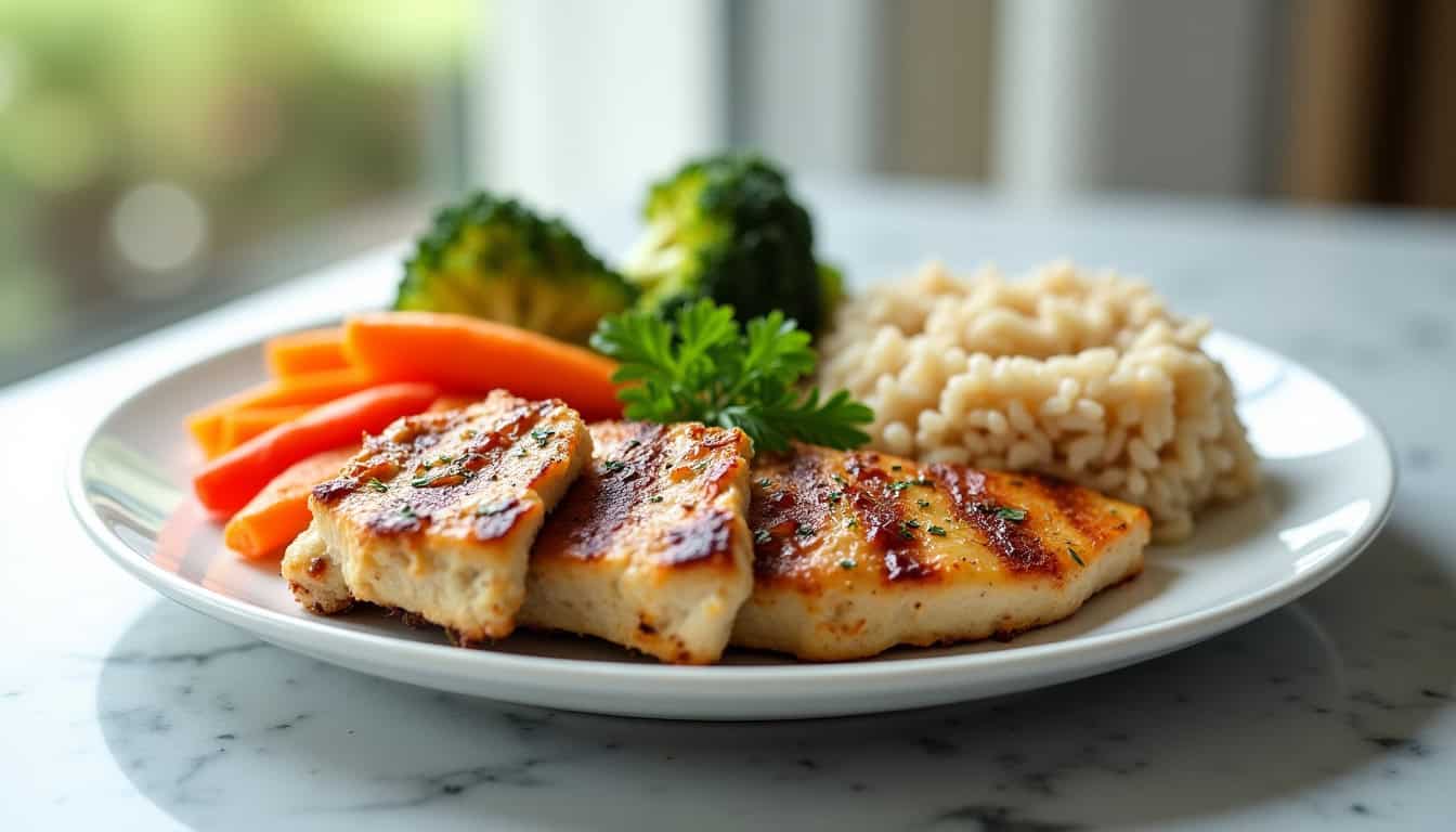 Assiette équilibrée composée de légumes, protéines et céréales