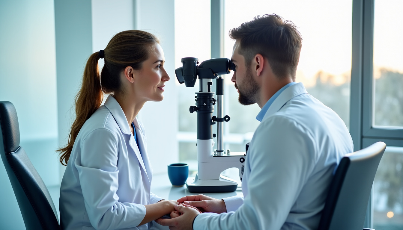 Consultation en cours dans un cabinet d’ophtalmologie à Marseille, avec un médecin examinant un patient