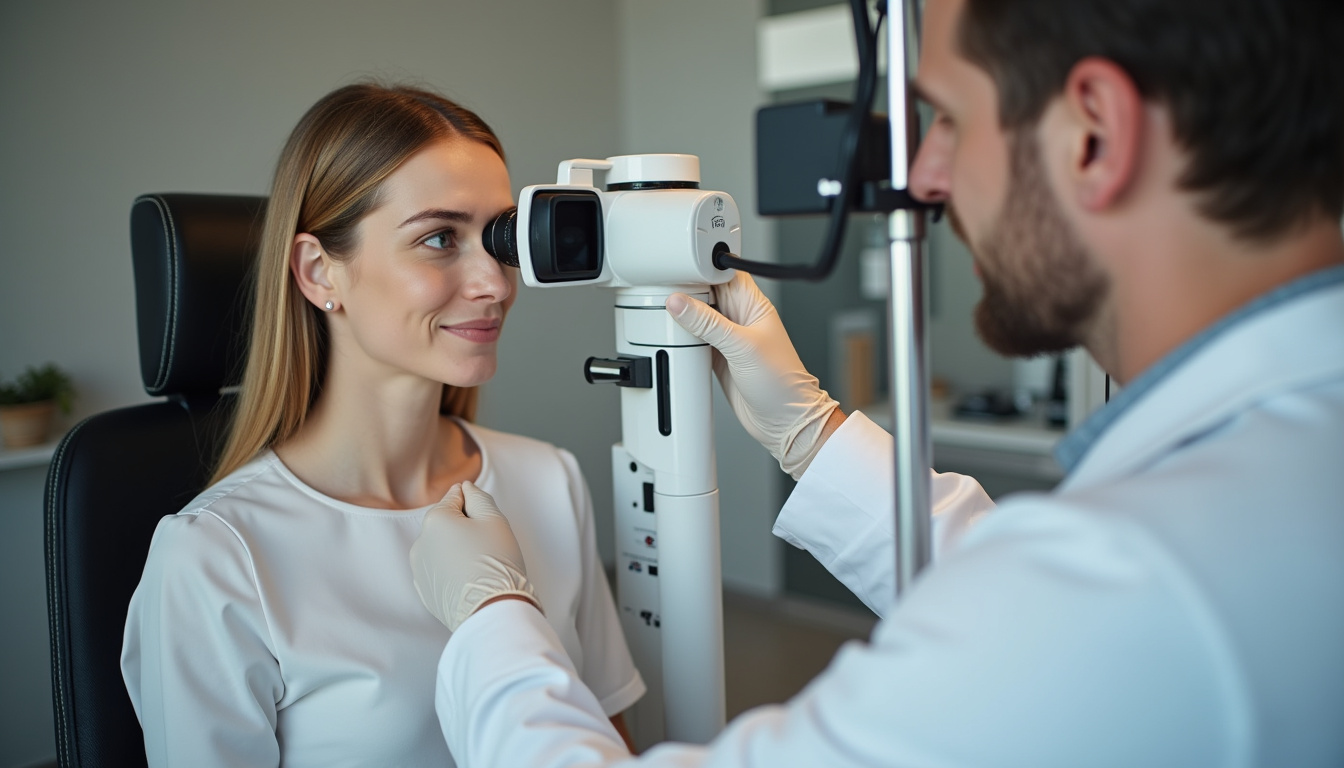 Patient en consultation chez un ophtalmologue avec un ophtalmoscope numérique