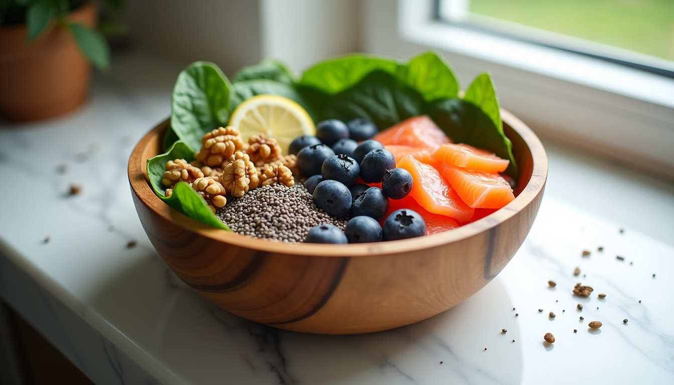 Illustration d’aliments riches en antioxydants et oméga-3 recommandés pour la santé oculaire