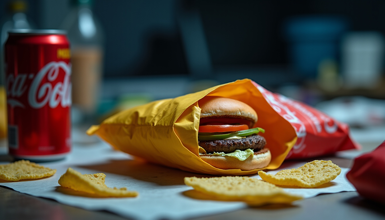 Illustration de mauvaises habitudes alimentaires comme le grignotage et le fast-food