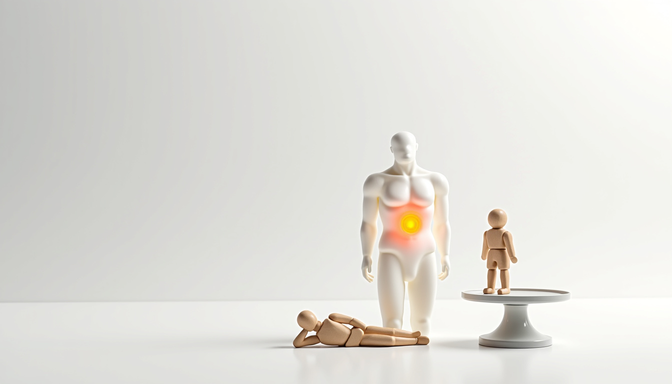 Illustration médicale des symptômes de la maladie de Crohn: douleurs abdominales, fatigue, perte de poids