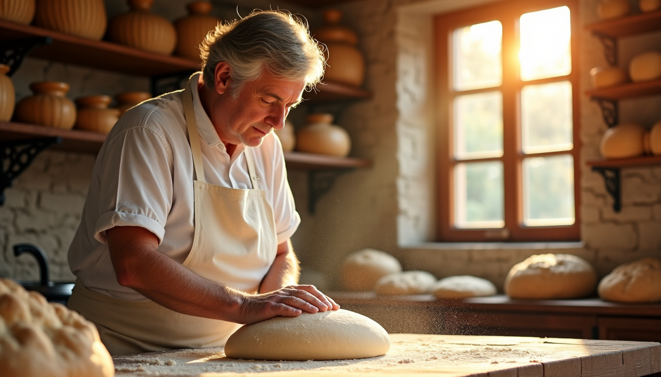 Portrait d’un artisan boulanger préparant son pain dans une boulangerie traditionnelle