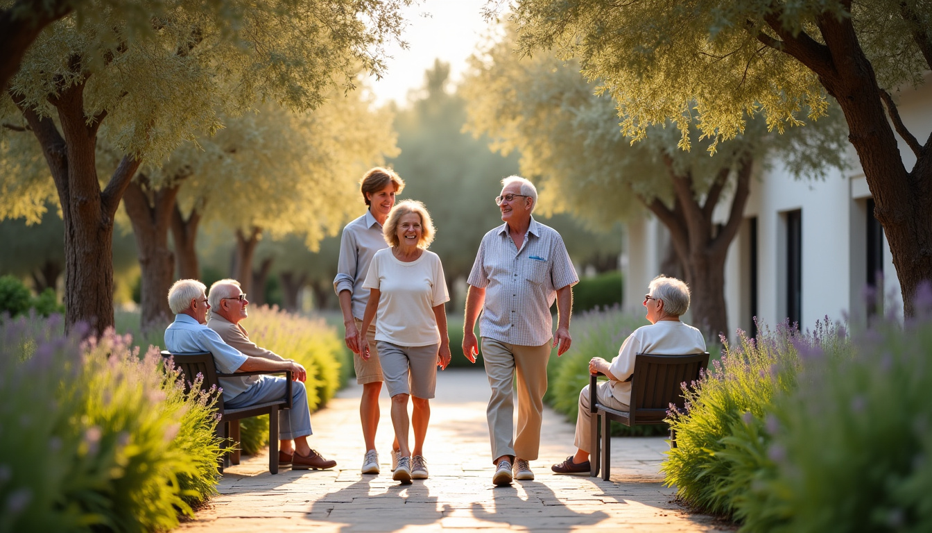 Résidents âgés discutant et se promenant dans un jardin commun de la résidence Residencia Nova