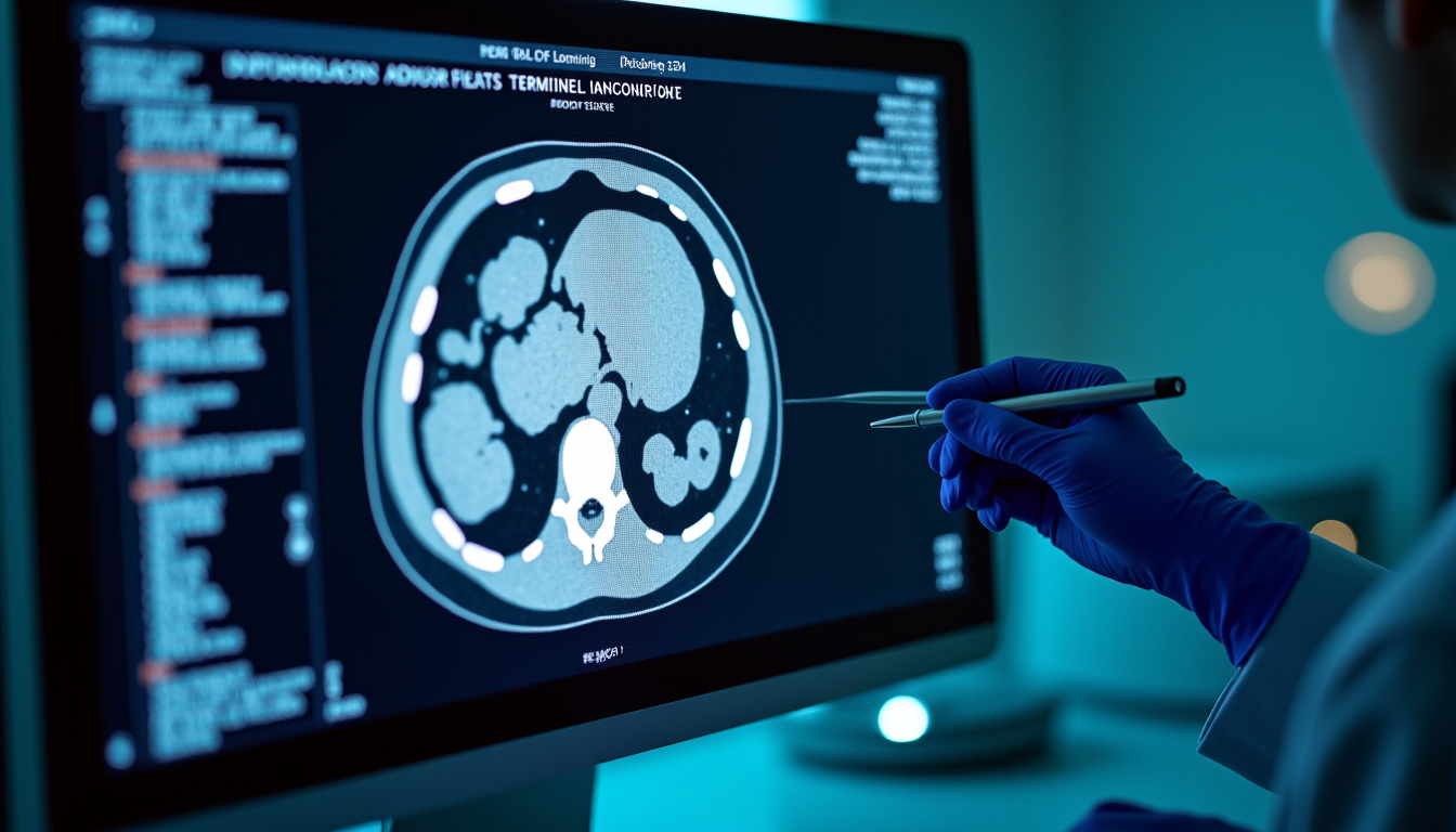 Scanner abdominal montrant une inflammation de l’iléon terminal dans le cadre de la maladie de Crohn