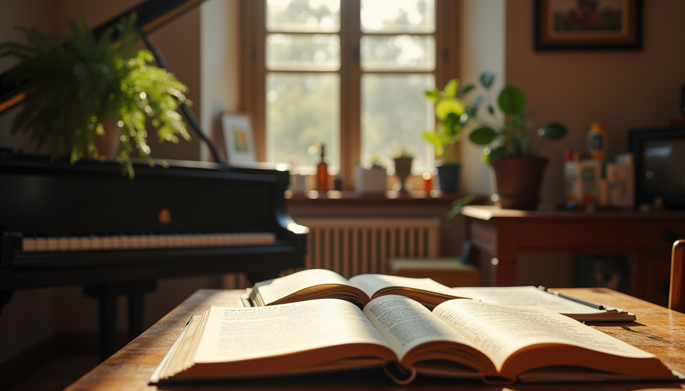 Intérieur de l'appartement à l'étage de la Farmacia Arbusto, piano, plante et table avec notes médicales visibles