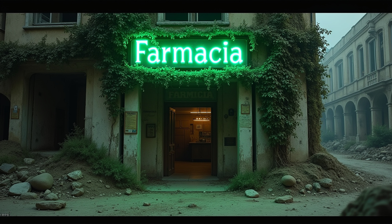 Vue extérieure de la Farmacia Arbusto dans la Ville Enfouie d'ARC Raiders, enseigne verte visible malgré les dégâts